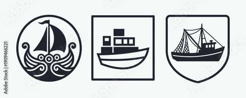 Nautical Vessel Icons Set: Viking, Cargo, and Trawler Ships