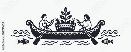 Folk Art Canoeing Duo with Harvest Basket Monogram