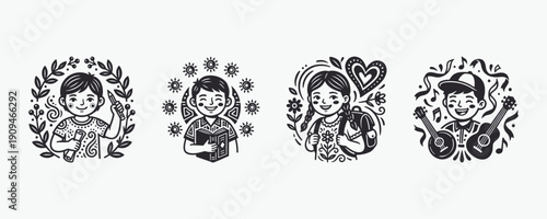 Kids Hobbies and Education Black and White Vector Set