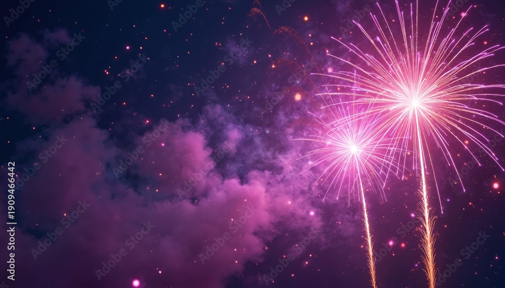 Fototapeta premium Bright pink fireworks explode in dark night sky. Nebula clouds and stars shimmer. Festive pyrotechnic display illuminates sky for celebration event.