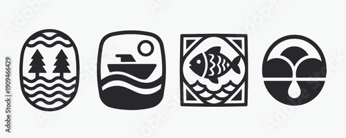 Minimalist Nature, Fishing, and Boating Outdoor Icons Set