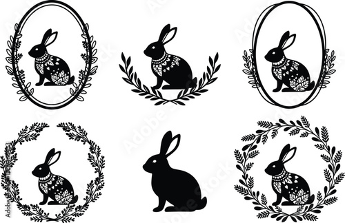 Collection of rabbit silhouettes and illustrations with floral wreaths featuring a prominent silhouette