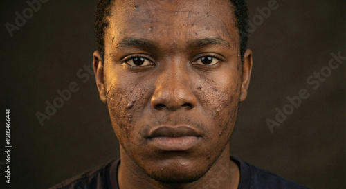 Wallpaper Mural Closeup of African American young man's skin showing severe acne pimples, scars and pores on forehead cheeks, textured dark skin detail, serious face skincare problem concept. Torontodigital.ca