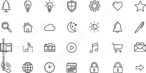 Collection of 49 simple line icons for web and app design, representing various concepts like nature, technology, and communication.