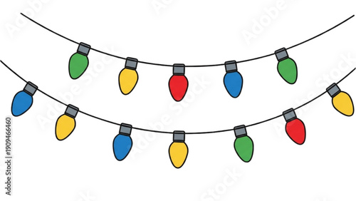 Colorful string lights hanging in a festive holiday display outdoors at night with vibrant bulbs