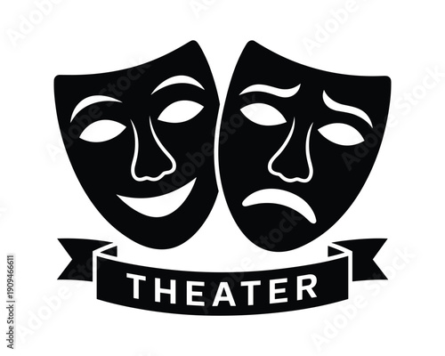 Iconic symbol of comedy and tragedy theater masks with the word Theater on a ribbon