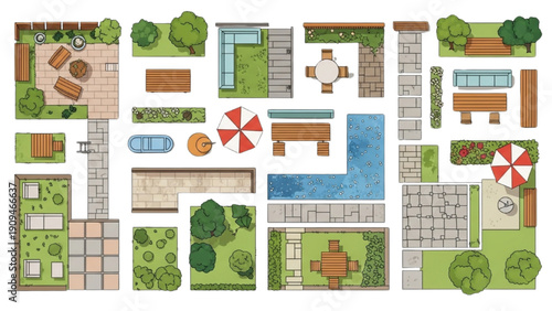 Overhead view of a large estate with multiple gardens, pool, and patio areas surrounded by lush greenery and walkways.