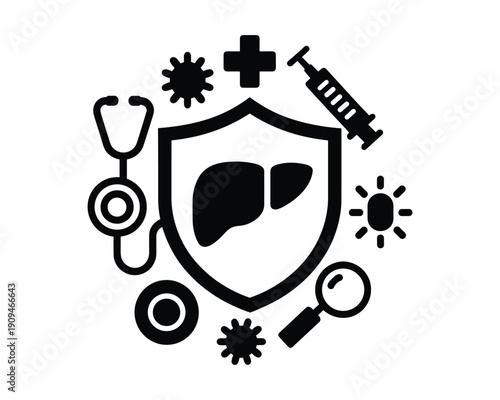 Iconography representing liver health protection including a shield stethoscope syringe and virus symbols