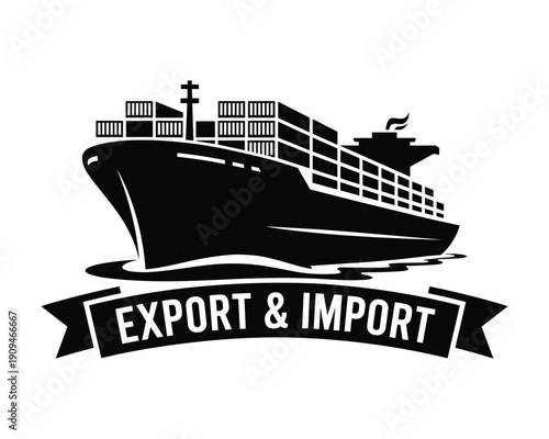 Stylized graphic illustration of a large cargo ship carrying containers across the ocean water surface symbolizing export and import activities