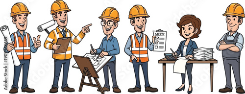 Construction workers and engineer collaboration