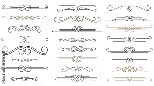 Collection of ornate line art dividers and decorative elements in various styles
