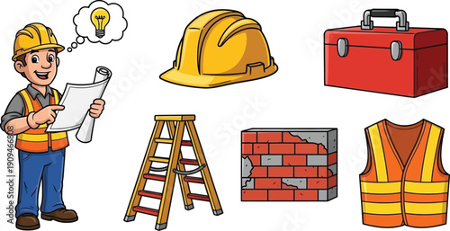 Construction worker with safety gear and tools