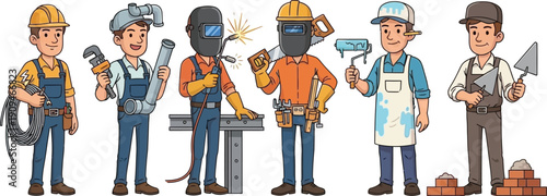 Cartoon illustration of six construction workers with various tools