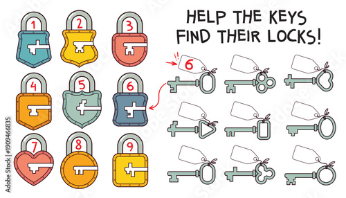Fun puzzle game for kids - help the keys find their matching locks. Colorful educational activity to develop logic, attention, and thinking skills. Perfect for learning and play. Spot it. Set