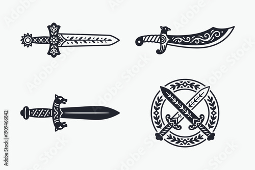 Ornate Medieval Fantasy Sword Icons and Emblems Vector Set