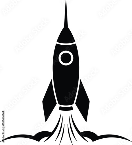 Black silhouette of a rocket ship launching into space with flames spaceship