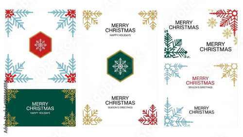 Collection of Christmas greeting cards with festive designs and snowflakes, viewed from directly above, featuring various layouts and holiday messages
