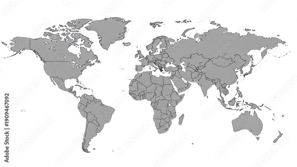 Fototapeta premium World map illustration showing continents and countries from a global viewpoint