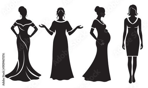 Graceful Female Dress in silhouette . Young , adult and pregnant woman in silhouette. Vector illustration .