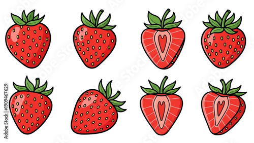 Collection of hand-drawn strawberries in various styles and views
