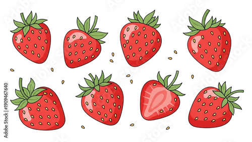 Collection of ripe strawberries with leaves scattered on surface viewed from above