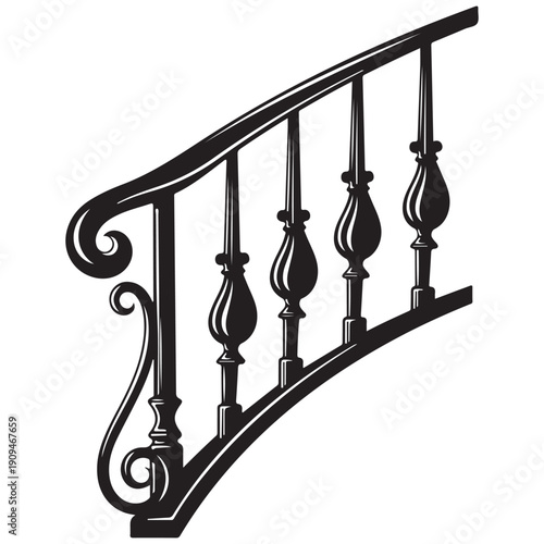 Ornate Staircase Handrail with Decorative Balusters and Scrollwork Design