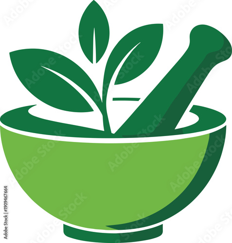 Green mortar and pestle with leaves herb