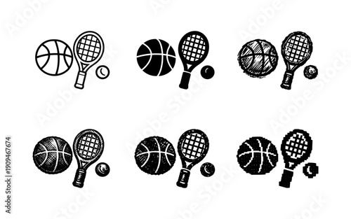 Collection of hand-drawn sports icons featuring basketballs and tennis racquets