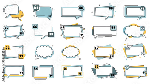 Collection of various speech bubbles and text boxes with numbers and icons in a grid layout on a plain background