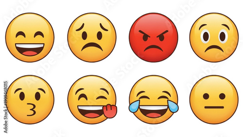 Various facial expressions represented by cartoon emojis in a grid layout
