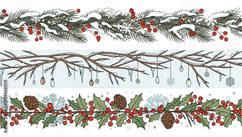 A festive illustration of holly and pine branches with red berries and pinecones, set against a winter scene from a frontal viewpoint