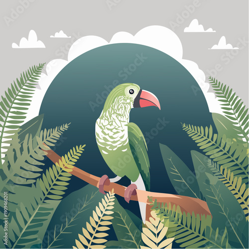Exotic Green Parrot with Striking Red Beak Perched in Lush Tropical Jungle Foliage Against a Stylized Sky