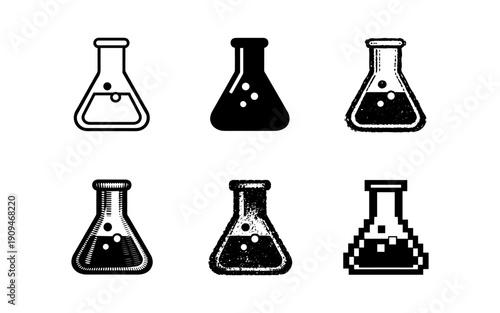 Collection of diverse laboratory flask icons with liquid and bubbles