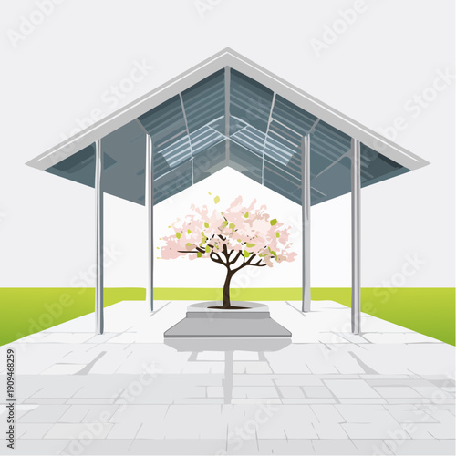 Stylized illustration of a cherry blossom tree under a modern glass pavilion in a peaceful park setting