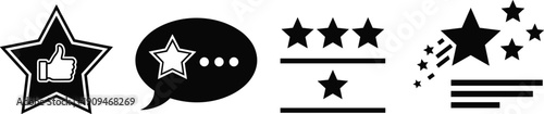 Set of star rating icons, customer feedback speech bubble, thumbs up like symbol, review ranking system, shooting star success, black vector illustrations.