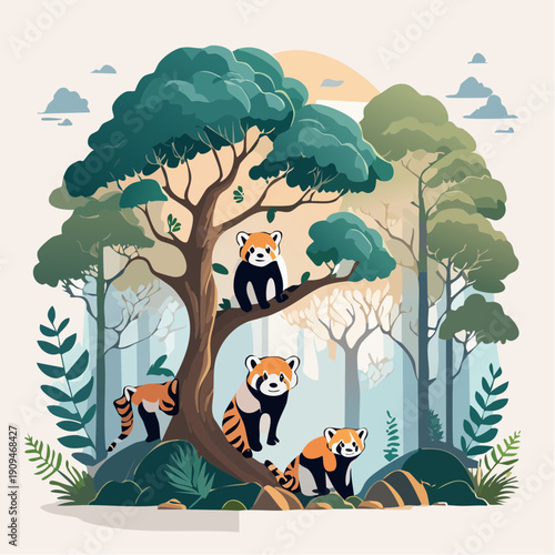 Adorable Red Pandas Flourish in a Stylized Lush Forest, Showcasing Their Natural Charm and Serene Habitat