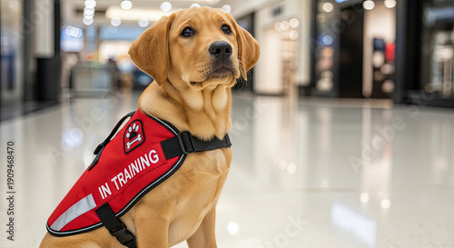 Service dog in training wearing harness indoors at shopping center  