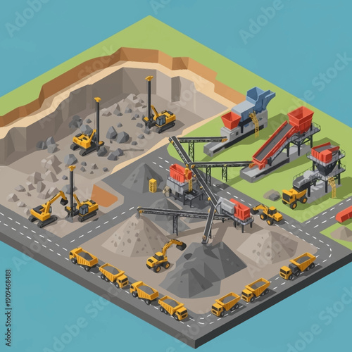 Isometric illustration of a mining operation with heavy machinery and vehicles.