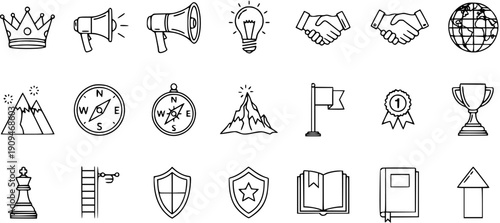 Business Success and Strategy Line Icons Set. Conceptual symbols for Leadership, Goals, Direction, Achievement (Crown, Compass, Trophy, Handshake, Idea, Shield).