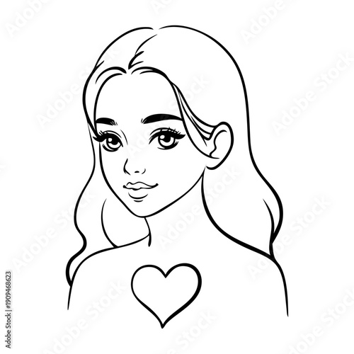 Dibujo con líneas de chica de frente con corazón en el pecho, para tarjetas y felicitaciones de San Valentín 