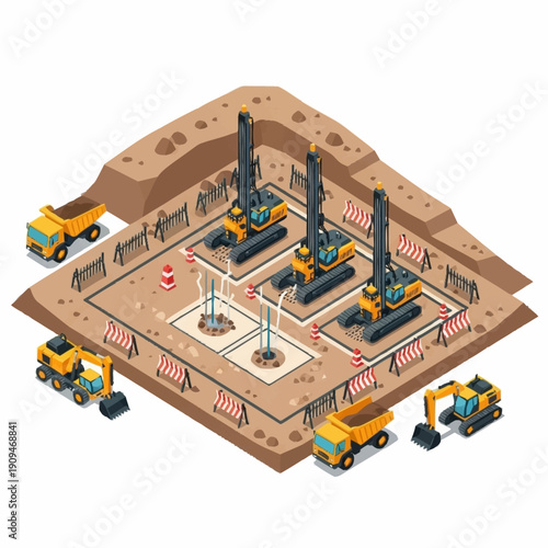 Isometric illustration of a construction site with heavy machinery and drilling equipment.