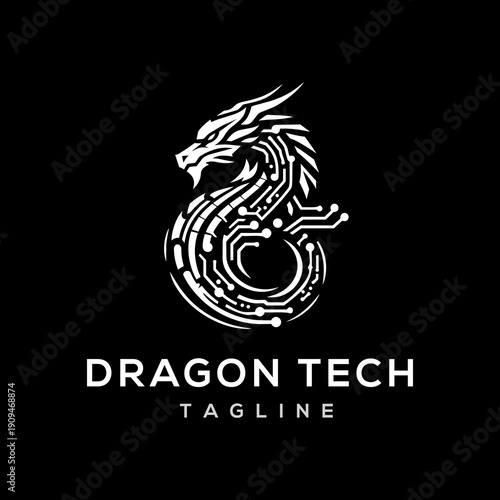 Modern geometric dragon technology logo vector template featuring digital circuit lines for software and gaming branding identity