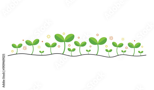 Simple Green Plant Growth Stages with Yellow and Orange Flowers on Brown Soil Line plants seedlings sprouts