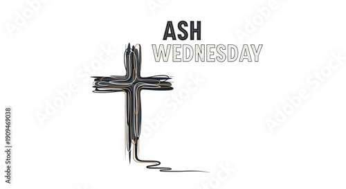 Illustration of a cross made from smudged ash with the words 'ASH WEDNESDAY' on a white background, symbolizing Lent and Repentance.