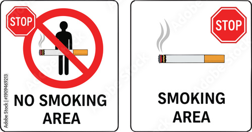 No smoking area and smoking area sign printable, red stop symbol set, ban silhouette icon design template, public safety warning, prohibition graphics, and vector illustration for signag