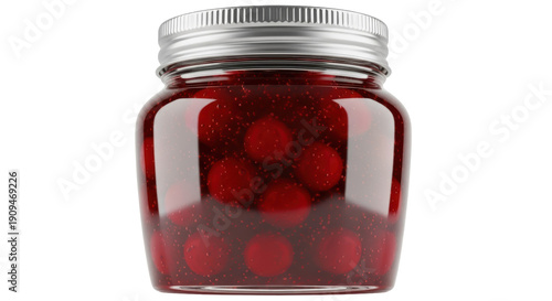 Фотография Delicious cherry jam in a glass jar isolated PNG, homemade fruit preserve on tra