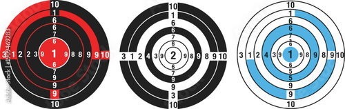 Set of three shooting targets, red black and blue bullseye circles, sport competition aim, isolated vector illustration design for gun range training game.