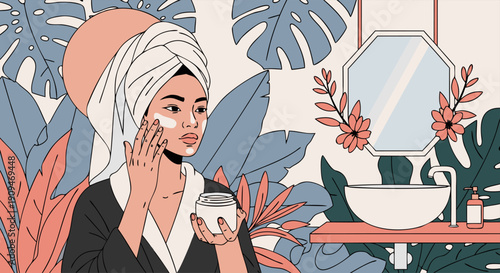 Woman applying cream on her face in a bathroom with plants and a mirror, skincare routine illustration