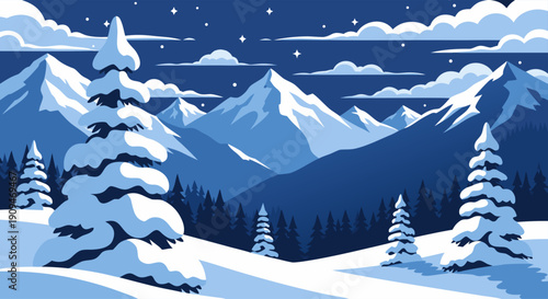 Winter mountain landscape illustration featuring snow-covered trees and majestic peaks under a starry night sky, creating a serene and tranquil atmosphere for seasonal design
