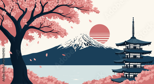 Serene Japanese Landscape Featuring Mount Fuji with Cherry Blossoms and Pagoda